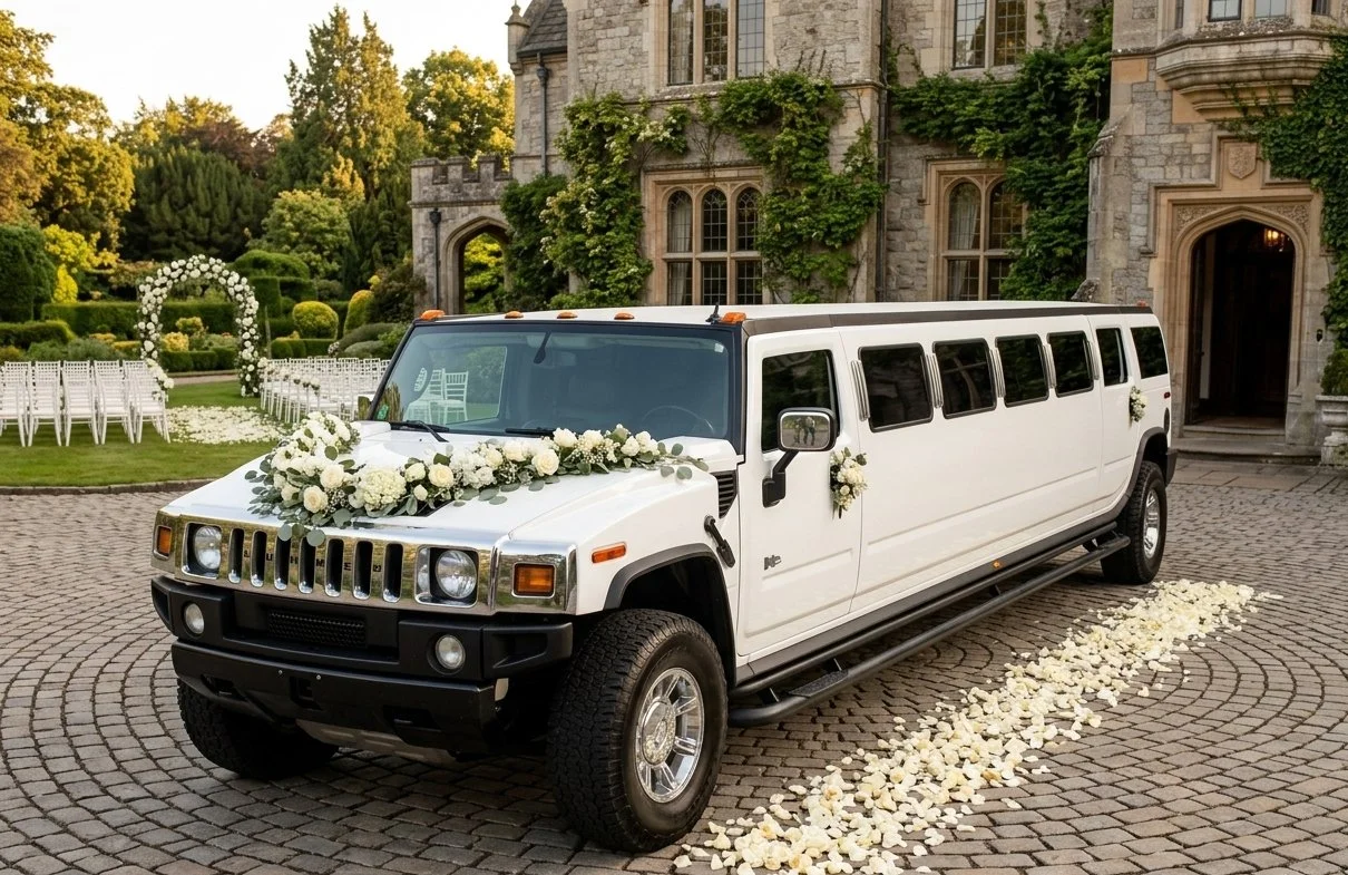 A white limousine decorated with white flowers on the hood and sides, parked in front of a castle-like building at a wedding venue, with an arch and chairs set up for a ceremony in the background.
