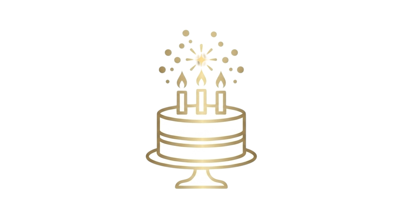 Illustration of a birthday cake with three candles and sparkler on top, set on a pedestal.