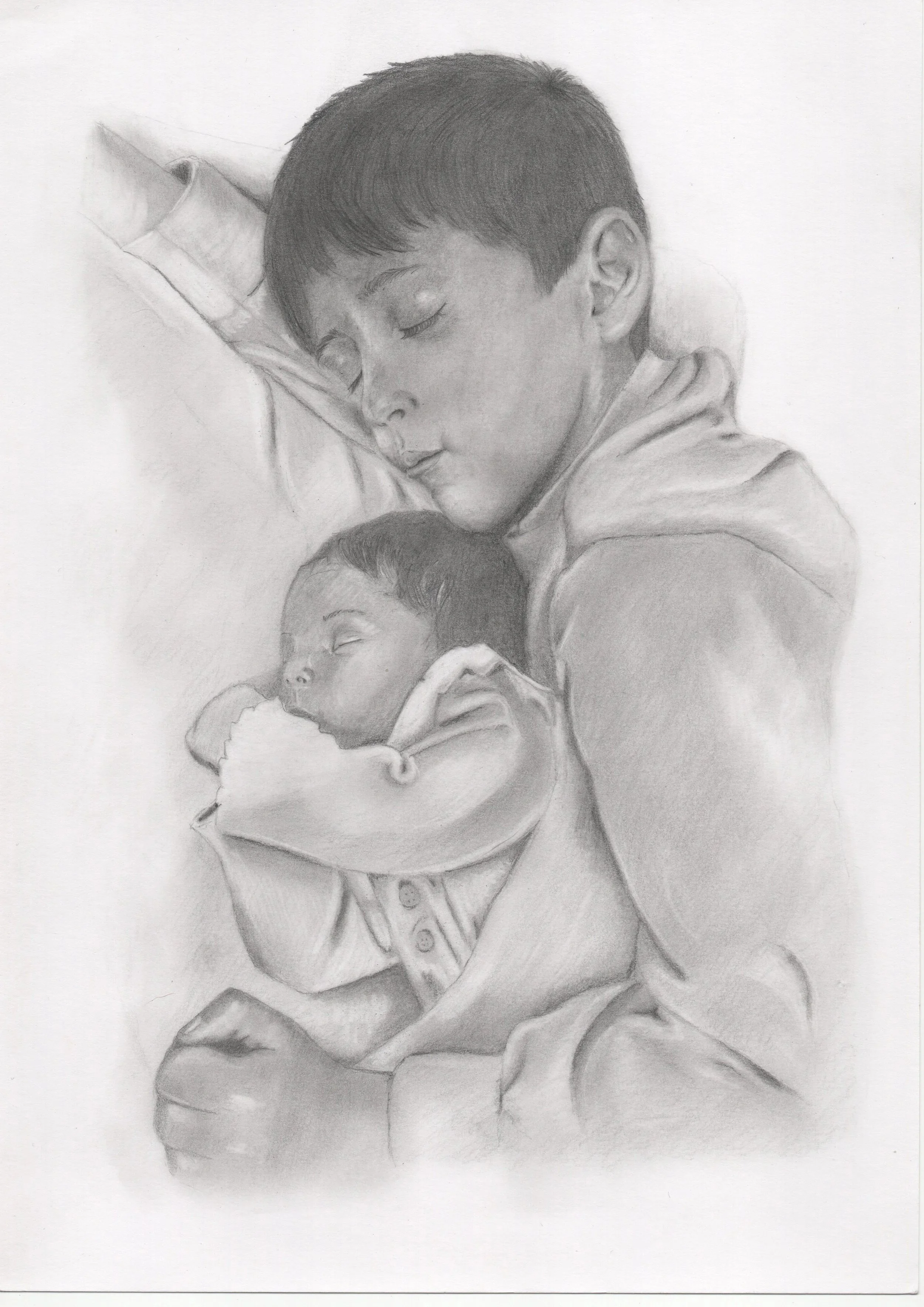 A pencil drawing of a sleeping boy and a young girl.