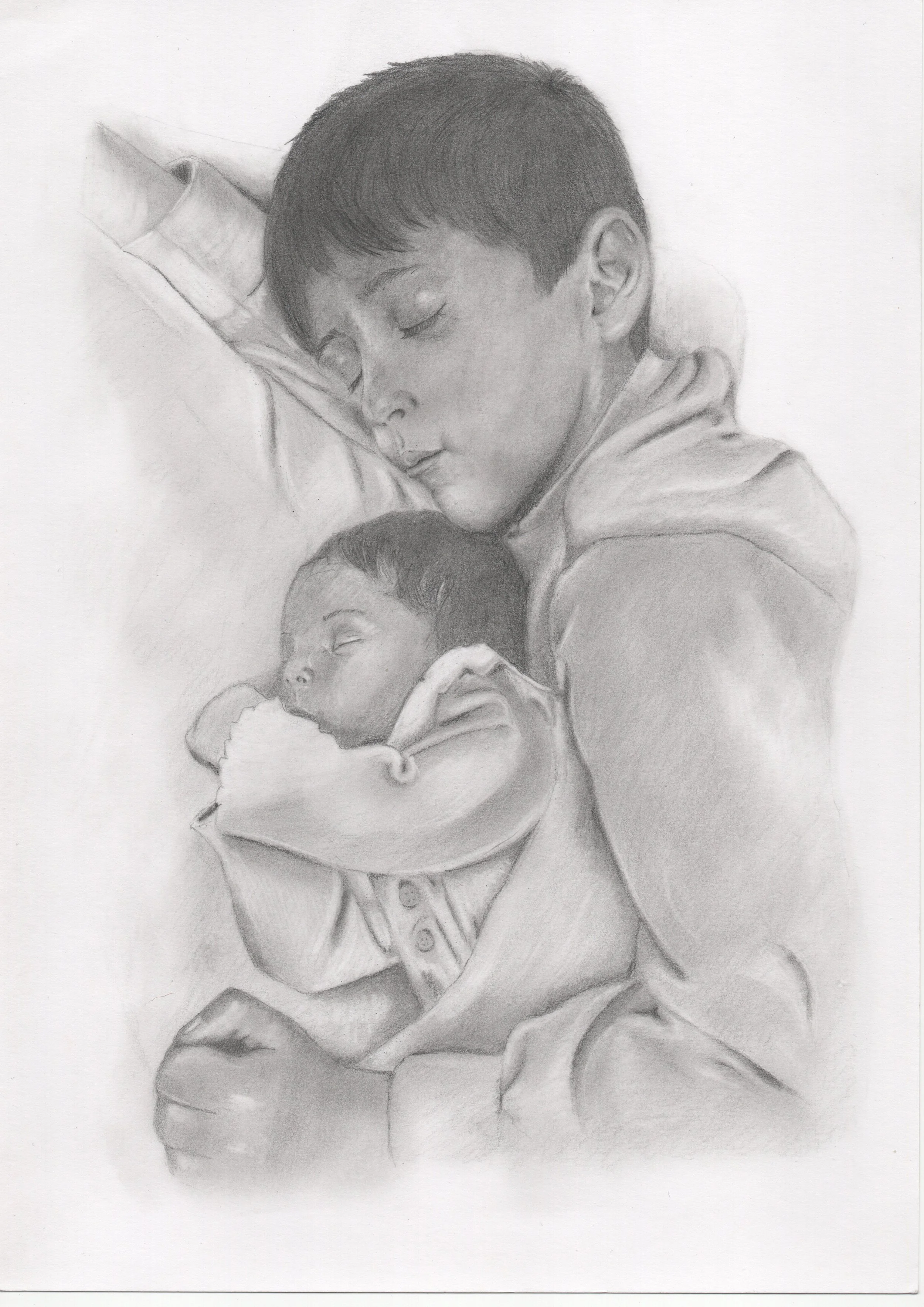 A realistic pencil drawing of a two sleeping children, an elder brother and his newborn sibling.