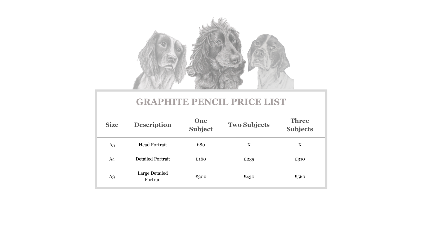 A price list for graphite pencil portraits, featuring the sizes A5, A4, and A3, with descriptions and prices for one, two, or three subjects. The background shows a faint illustration of three dogs.