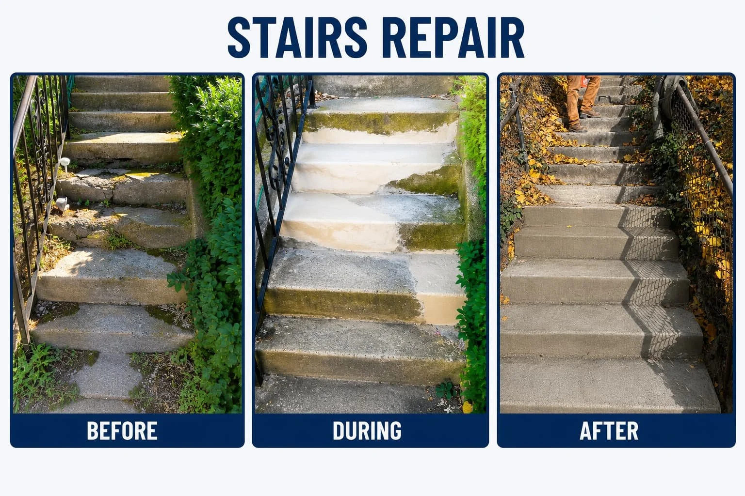 Comparison of outdoor staircase before, during, and after repair. The left shows damaged stairs with cracks and weeds, the middle shows partially repaired stairs with fresh concrete, and the right shows fully repaired stairs with smooth surface and c