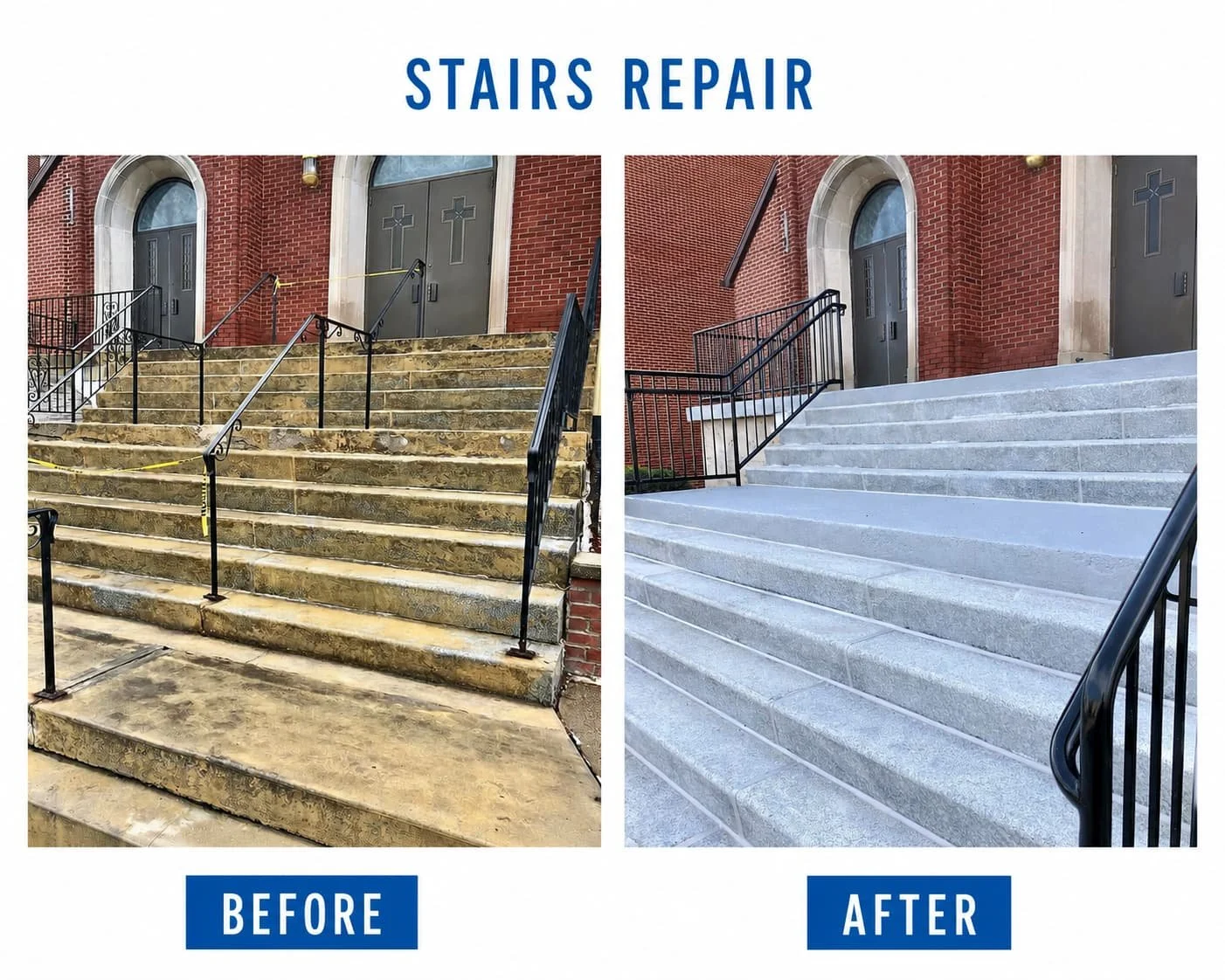 Comparison of a staircase before and after renovation. The before image shows an old, worn, dirty stone staircase with yellow caution tape and broken handrails. The after image shows a clean, new, gray concrete staircase with intact black metal handr