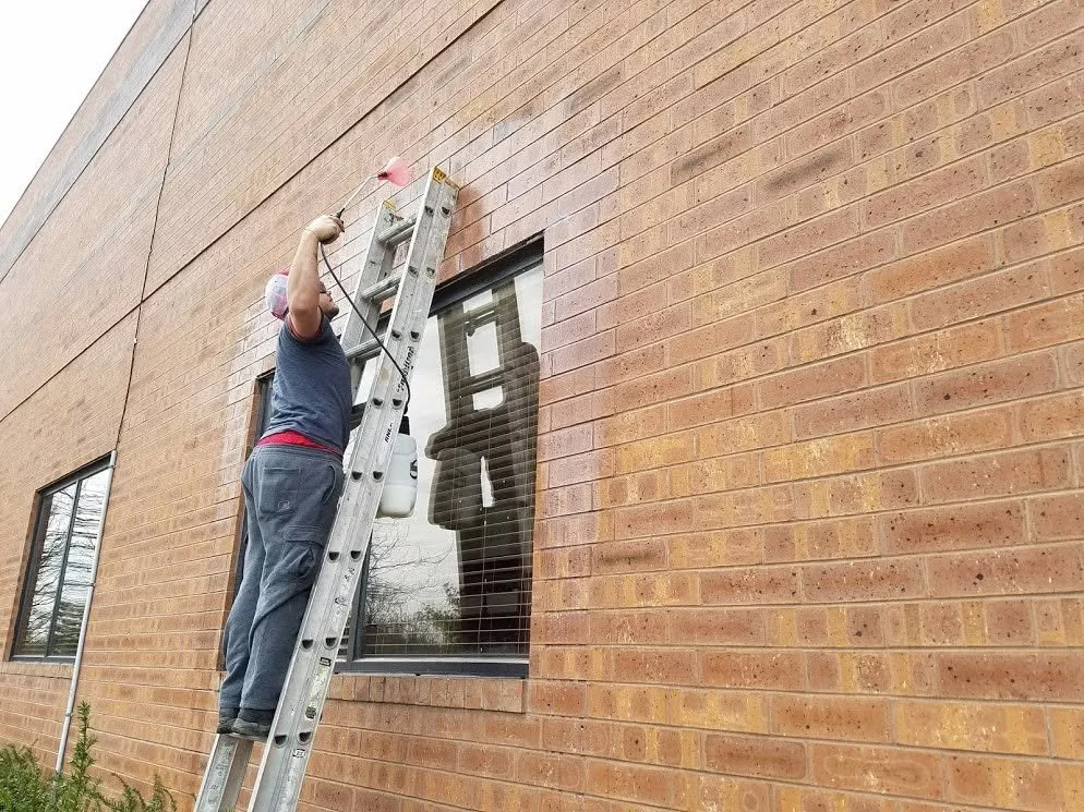 A person wearing a mask and gloves painting or cleaning the exterior brick wall of a building using a paint roller, standing on a ladder.