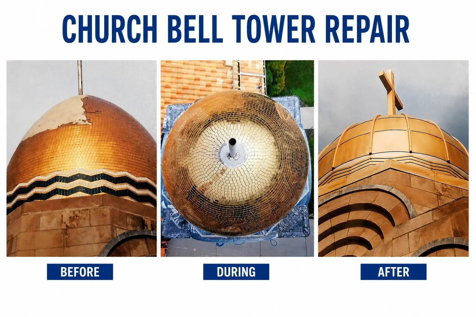 Steps of church bell tower repair showing the bell before, during, and after fixing, with a gold-colored tiled dome and cross tops.