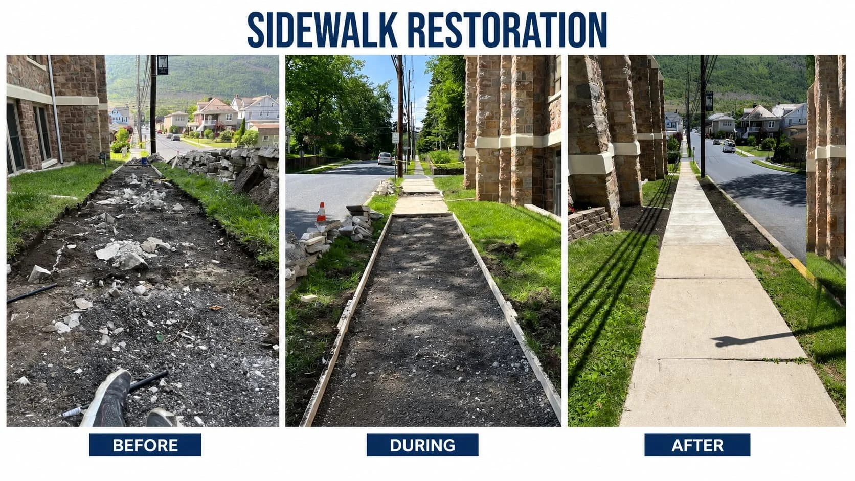 Progression of sidewalk restoration: first image shows a damaged sidewalk with debris, second image shows the sidewalk under construction with framing and removal of old material, third image shows a completed clean concrete sidewalk along a resident
