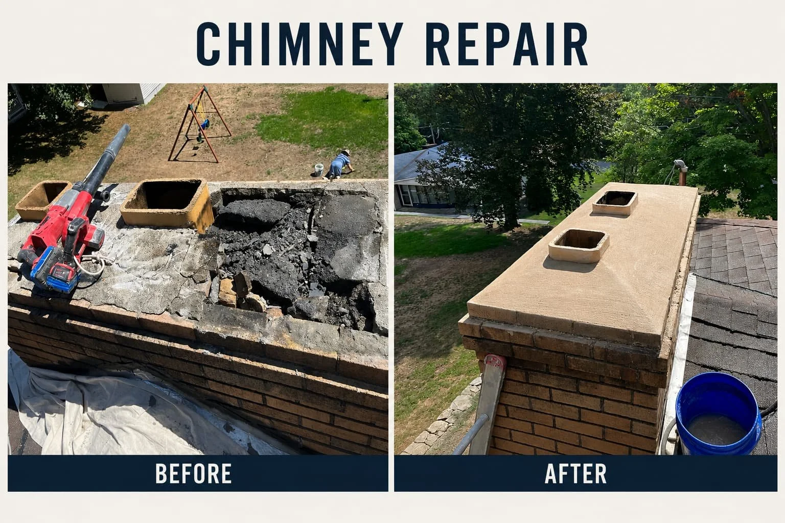 Side-by-side comparison of a chimney repair process. The left side shows the old, damaged chimney with missing bricks and debris, while the right side shows the renovated chimney with a new, intact, and clean cap. The caption indicates it is a 'Chimn