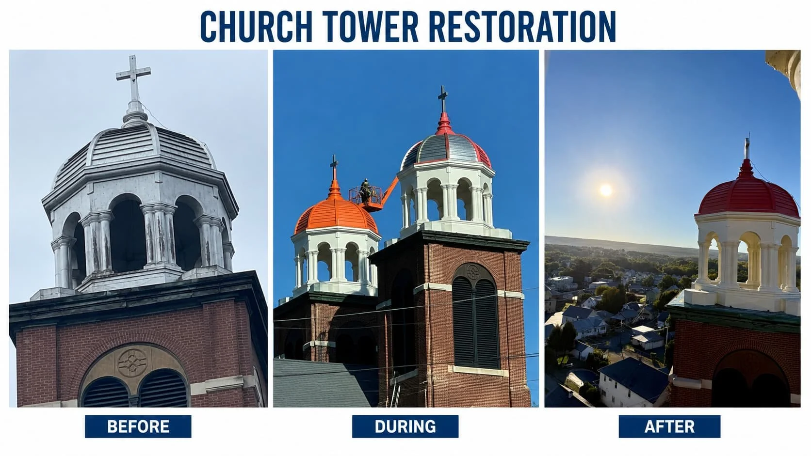 A collage showing the restoration process of a church tower. The first image labeled 'BEFORE' shows an aging, weathered church tower with a gray cross on top. The middle image labeled 'DURING' shows workers repairing the tower, with new orange and gr