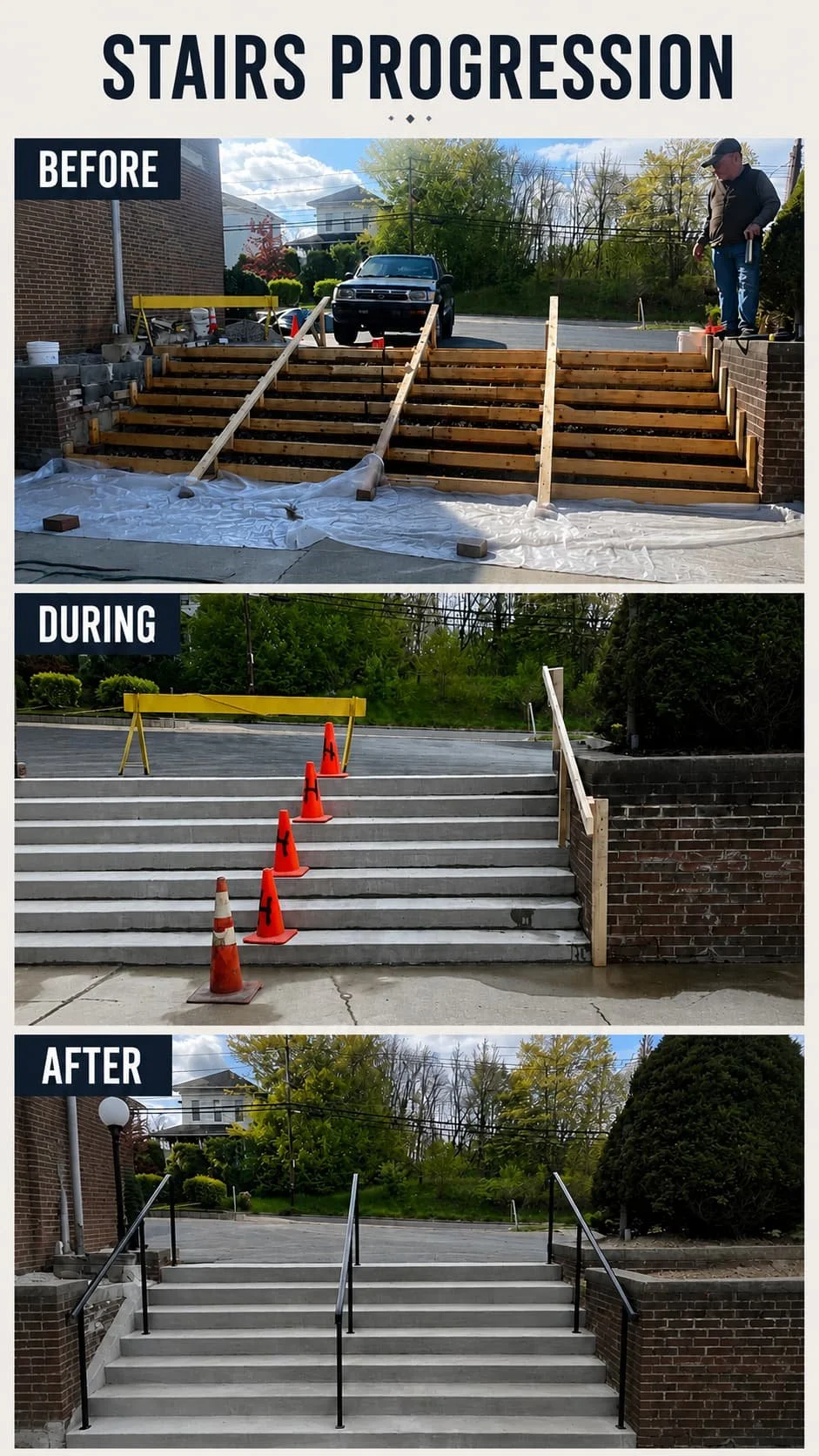 Sequence showing the renovation of outdoor stairs: Top image labeled 'Before' shows unfinished wooden stairs with a parked car and construction man; middle image labeled 'During' shows the stairs with orange construction cones, barricades, and no woo