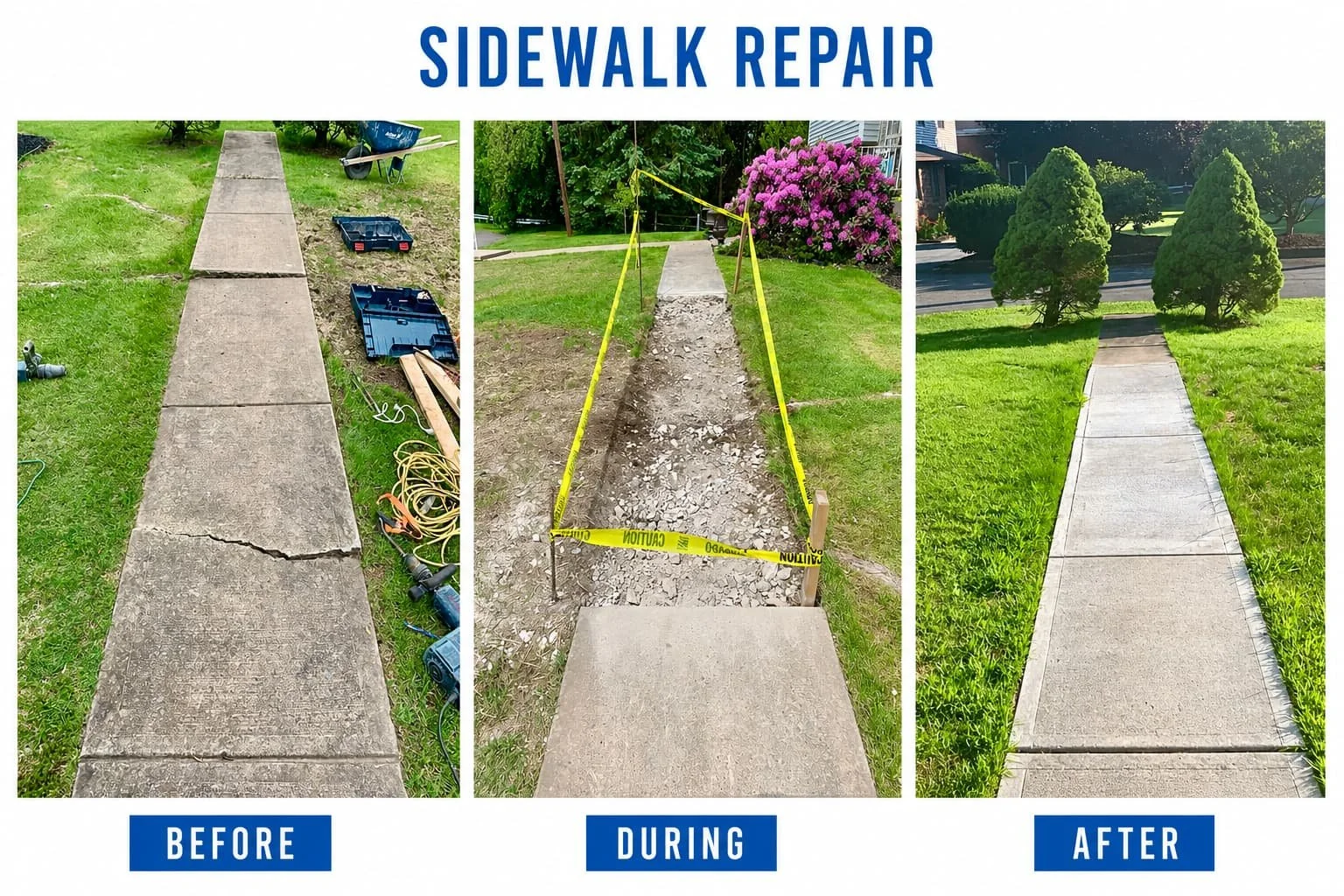 A three-panel collage showing the process of sidewalk repair. The first panel labeled 'Before' displays a damaged sidewalk with cracked and uneven concrete slabs, tools, and construction materials nearby. The second panel labeled 'During' shows the s