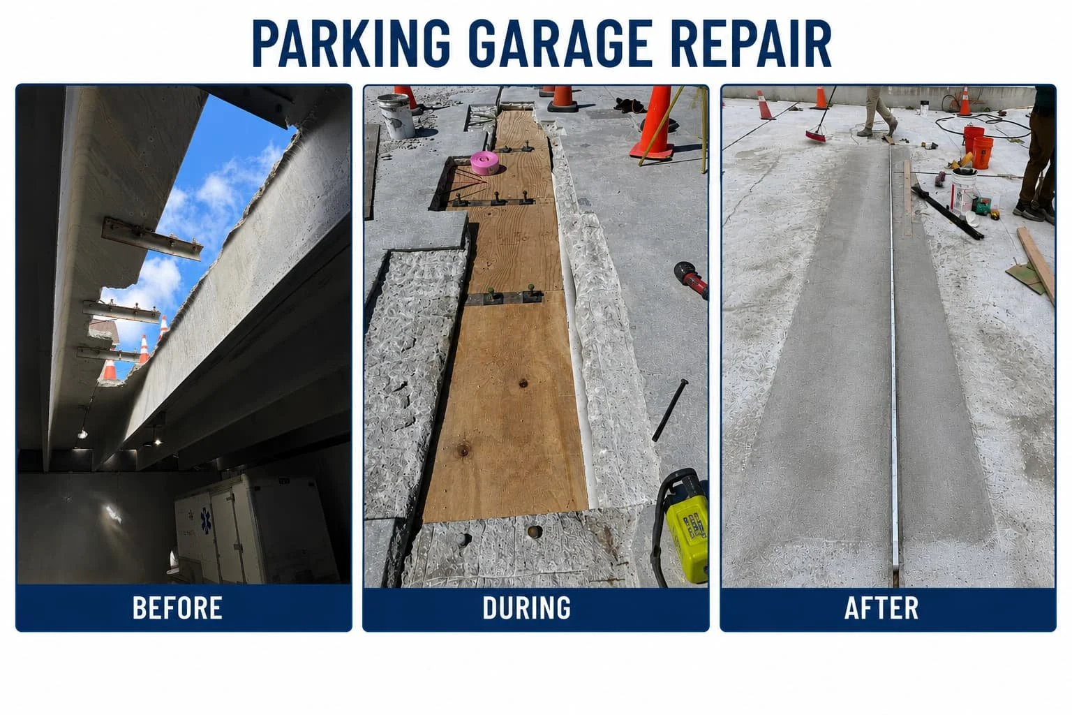 Sequence of images showing parking garage repair: the first image shows an open ceiling with contractors working above, the second image shows a concrete surface with wooden forms and tools for patching, the third image shows a freshly repaired concr