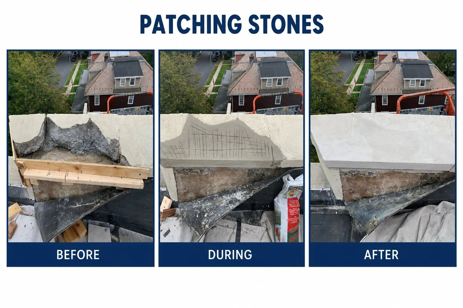Sequence showing the process of patching stones on a building wall. The first image labeled 'Before' shows a damaged wall with broken concrete and exposed brick. The middle image labeled 'During' shows the wall being patched with fresh cement and mar