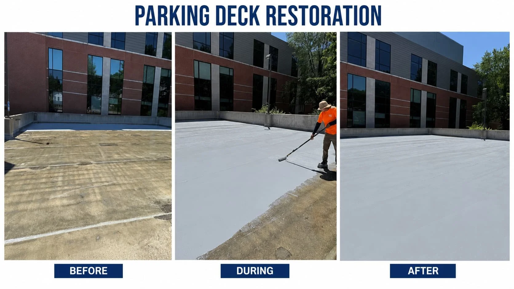 A three-panel image showing the restoration of a parking deck. The first panel labeled 'BEFORE' shows an old, worn concrete parking area with visible cracks. The second panel labeled 'DURING' shows a worker applying a fresh layer of gray coating to t