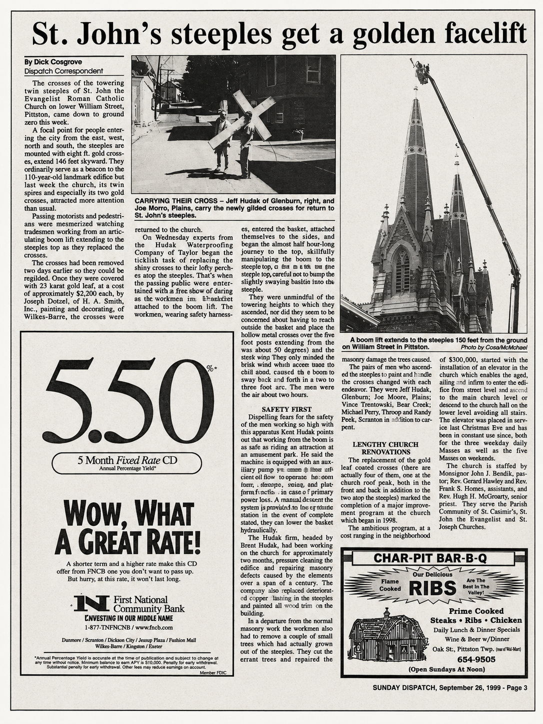 Newspaper article titled "St. John’s steeples get a golden facelift" with two photographs; one of workers carrying gold crosses and another of a church steeple being lifted by a crane.