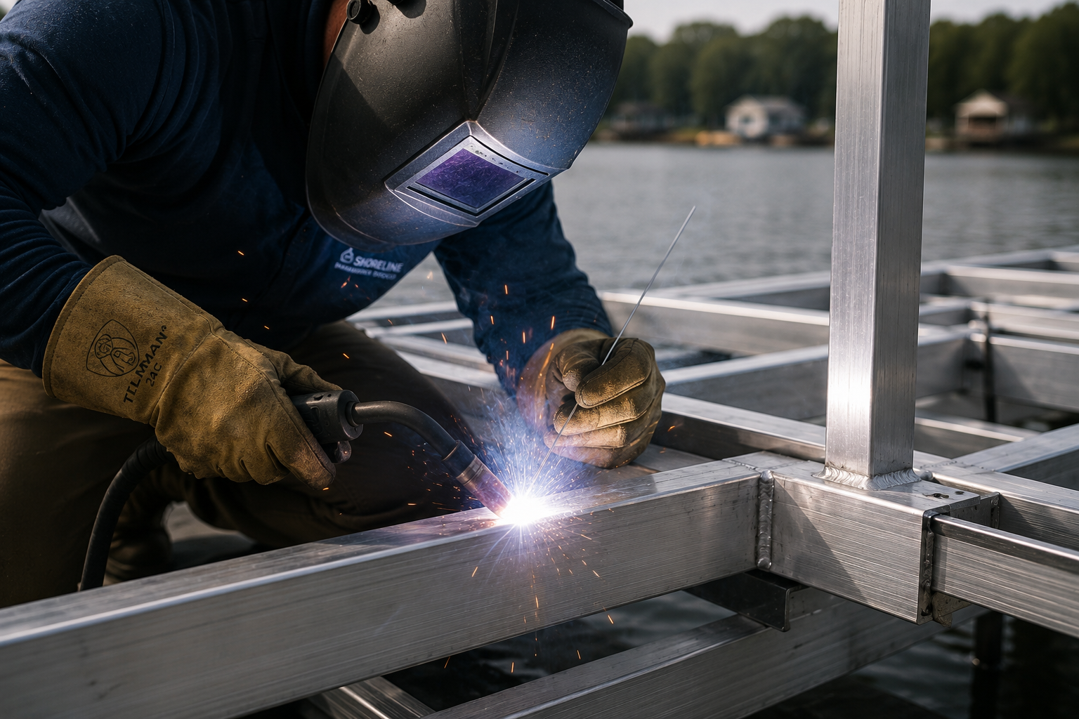 A person welding a metal frame on a boat dock by a lake, wearing gloves and a welding helmet.