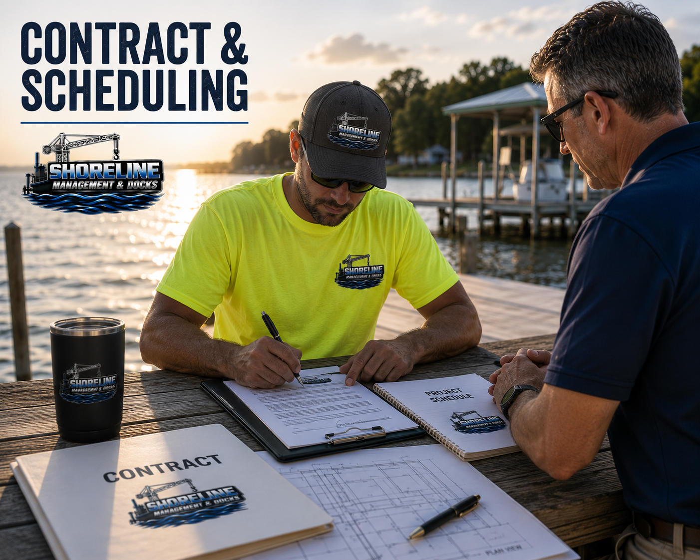 Two men sitting at a wooden table by the water signing a contract and reviewing project schedules, with shoreline and docks in the background, during sunset. One man is wearing a yellow shirt and cap with the Shoreline Management & Docks logo, the other in a dark polo. Items on the table include a contract folder, a tumbler, a notebook, and technical drawings.