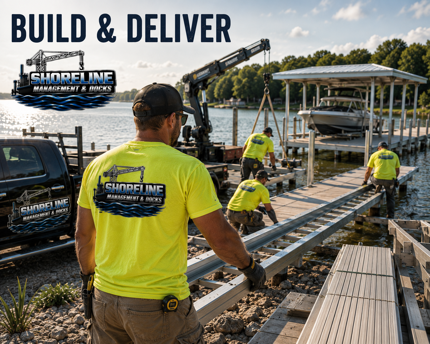 Workers in yellow shirts install a dock by the water with boats under a covered boat slip, construction equipment, and a truck nearby, on a sunny day.