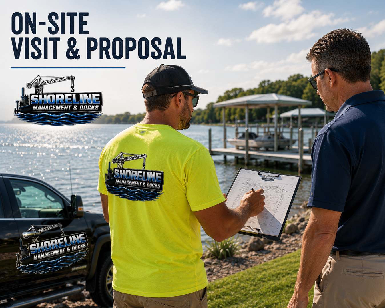 Two men discussing a shoreline management and dock project by a lake, with boats and boat slips in the background, and the Shoreline Management & Docks logo visible.