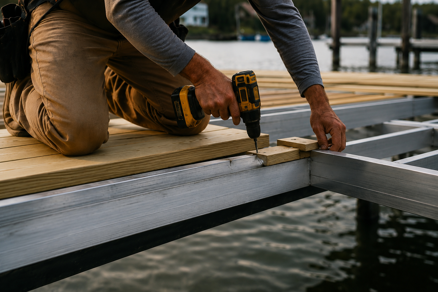 A person kneeling on a wooden dock, assembling a boat or dock frame with screws, using a power drill.
