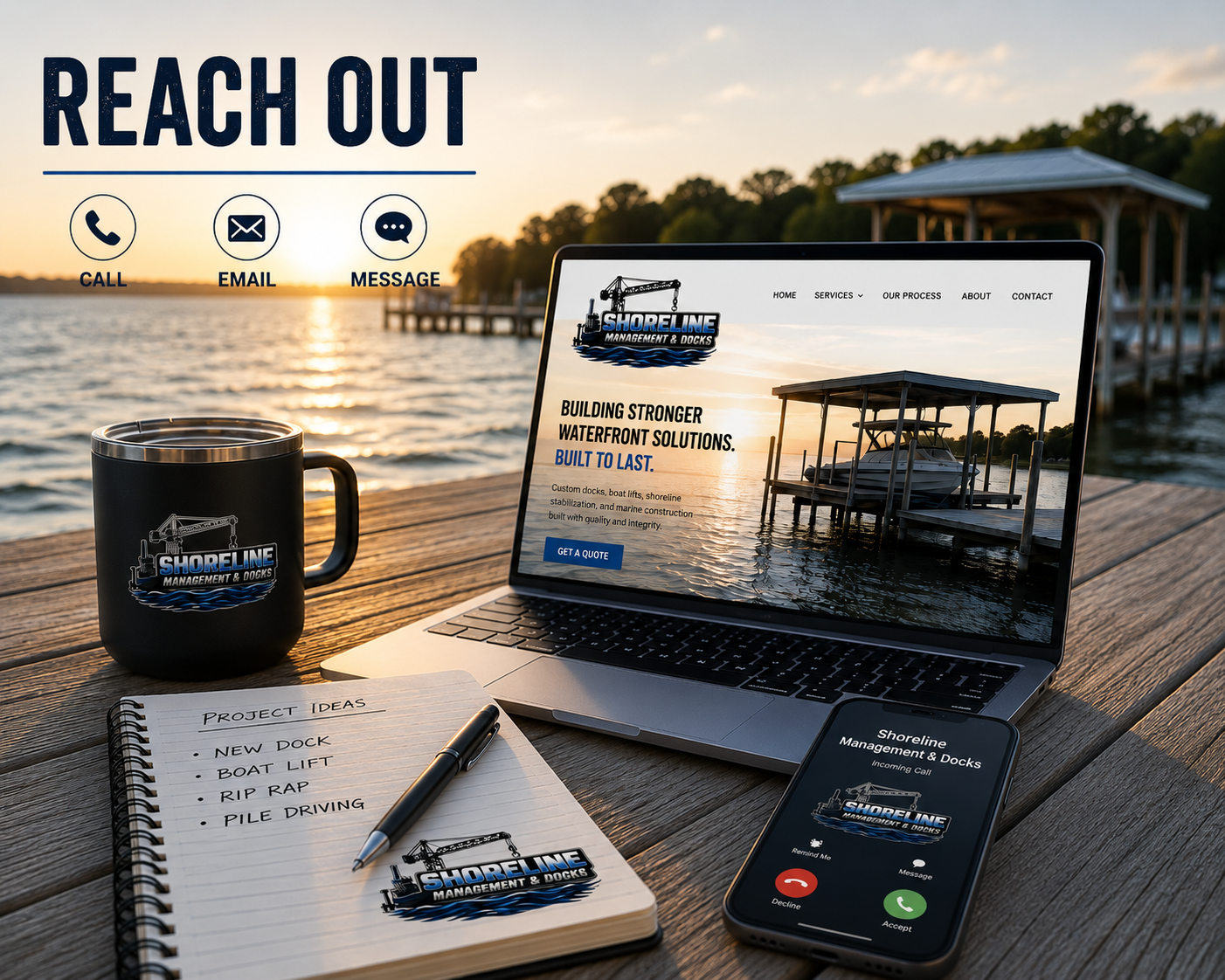 A laptop, smartphone, coffee mug, notebook, and pen on a wooden dock at sunset, with a waterfront view and a website for Shoreline Management & Docks on the laptop screen. The mug and notebook feature the company's logo, and the website promotes waterfront solutions. There is also a printed list of project ideas on the notebook.