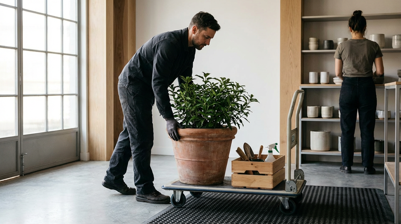 A man moving a large potted plant on a wheeled cart in a modern, well-lit interior space with another person organizing items on shelves in the background.