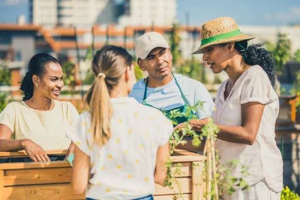 Four women at a community garden discussing plants, with buildings in the background.