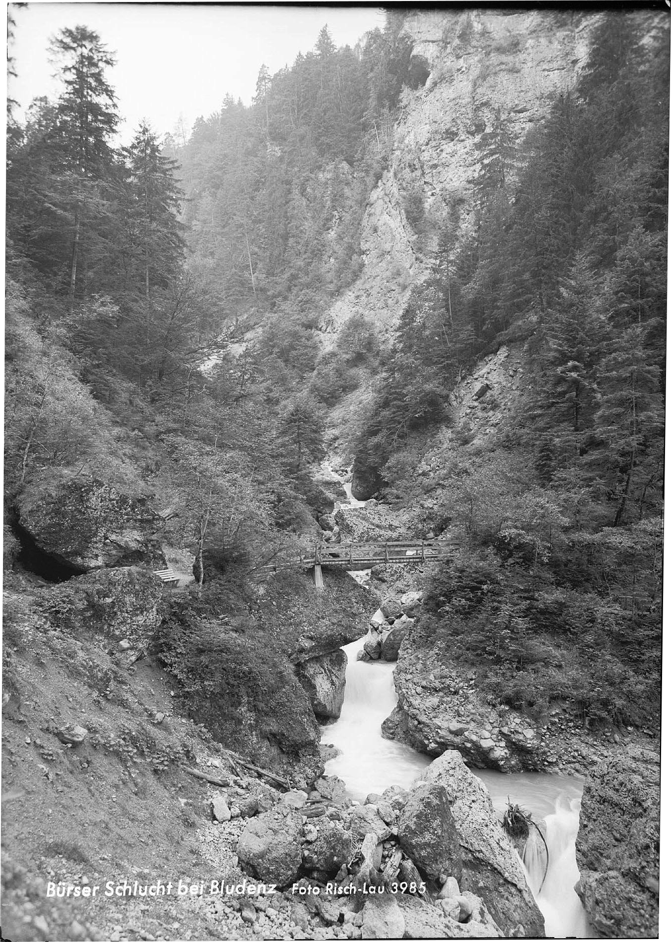Schwarz-Weiß-Foto eines Flusses, umgeben von steilen, bewaldeten Felswänden in den Bergen, mit einer kleinen Brücke im Vordergrund.