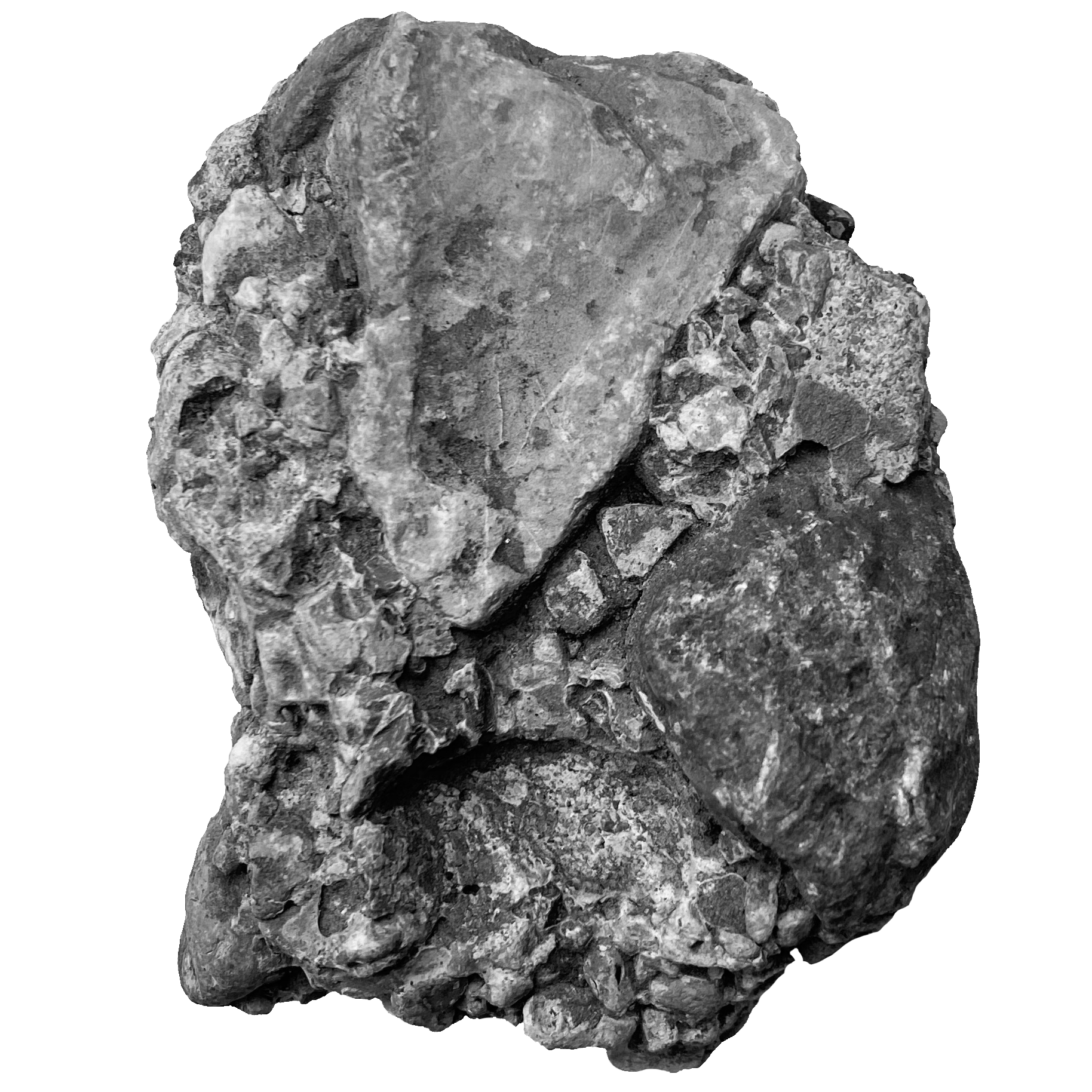 Schwarz-weiße Nahaufnahme eines unregelmäßig geformten, groben Gesteins oder Minerals, das auf einer glatten Oberfläche liegt.