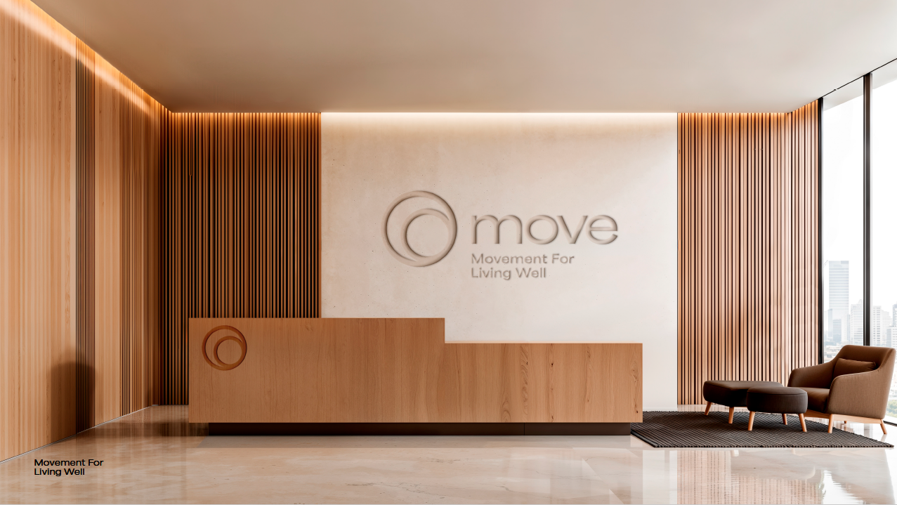 Modern office reception area with wooden slats on walls, a white textured wall with the logo and text 'move Movement For Living Well,' a light wood reception desk, and a seating area with a brown armchair, ottoman, and black rug, with large windows in the background showing a city skyline.