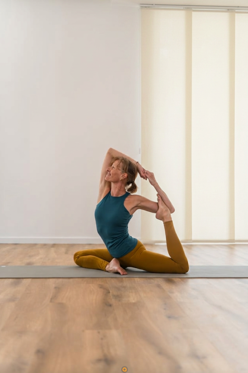 A woman practicing yoga indoors on a wooden floor, sitting with one leg bent and the other extended behind, holding her foot with her hand and stretching her back, wearing a blue tank top and mustard-colored leggings.