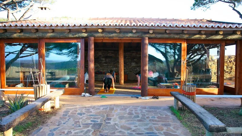 People practicing yoga on mats outside a rustic house with large glass windows, stone pathway, and surrounding trees.