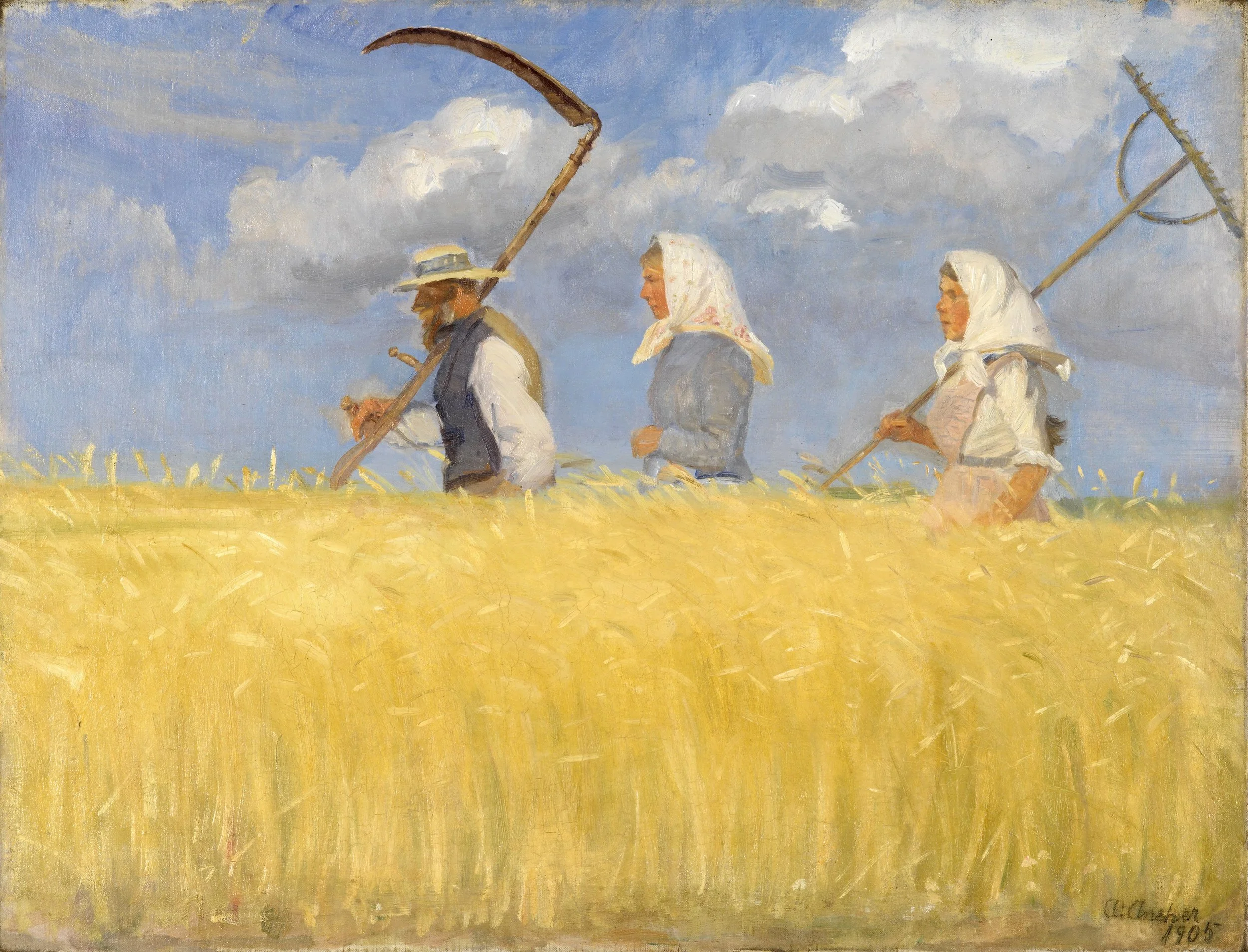 A painting depicting three women working in a wheat field under a partly cloudy sky, each holding a farming tool, with traditional clothing and head coverings.