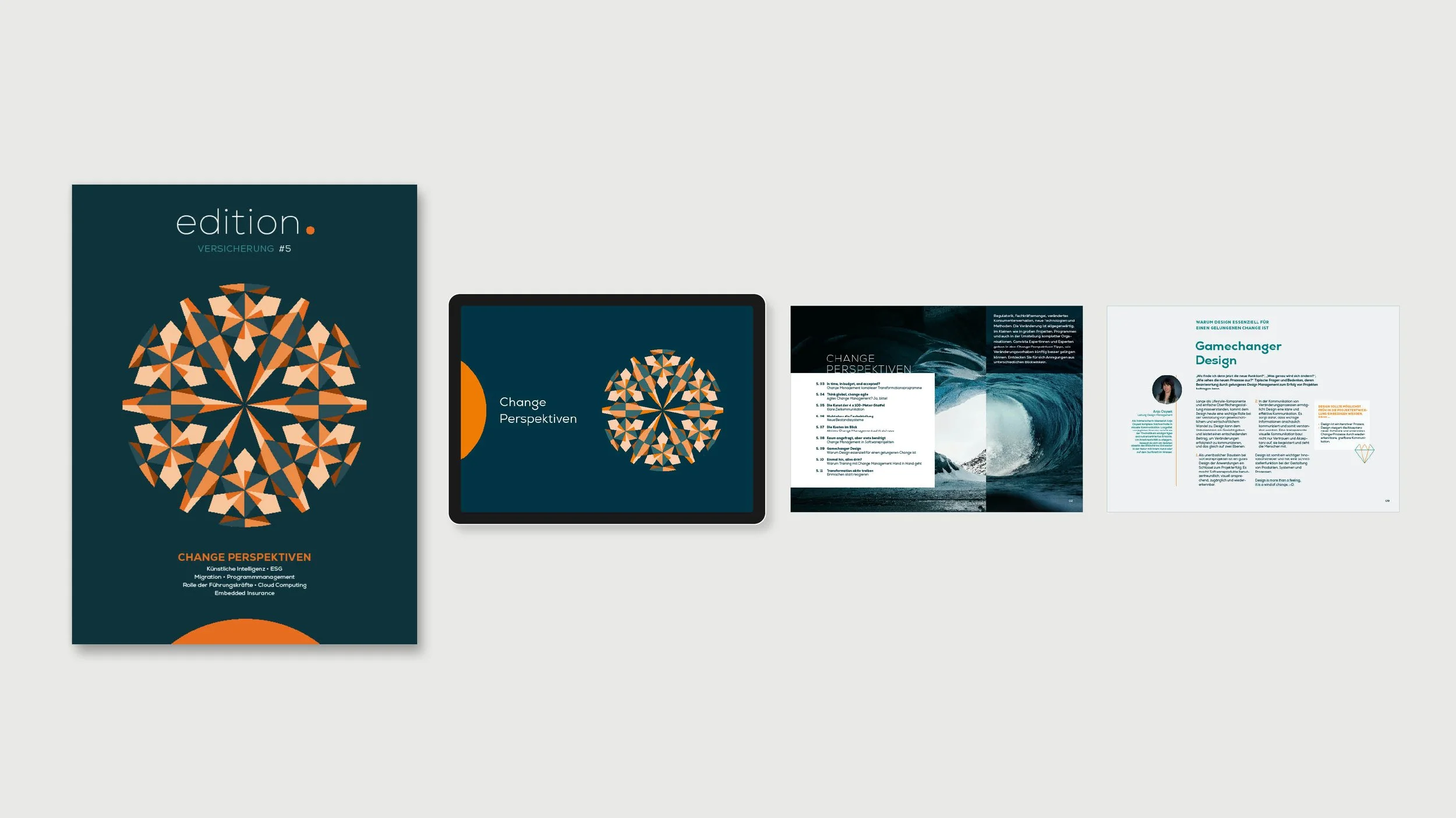 Magazincover, Tablet-Präsentation und aufgeschlagene Innenseiten der Magazin-Reihe