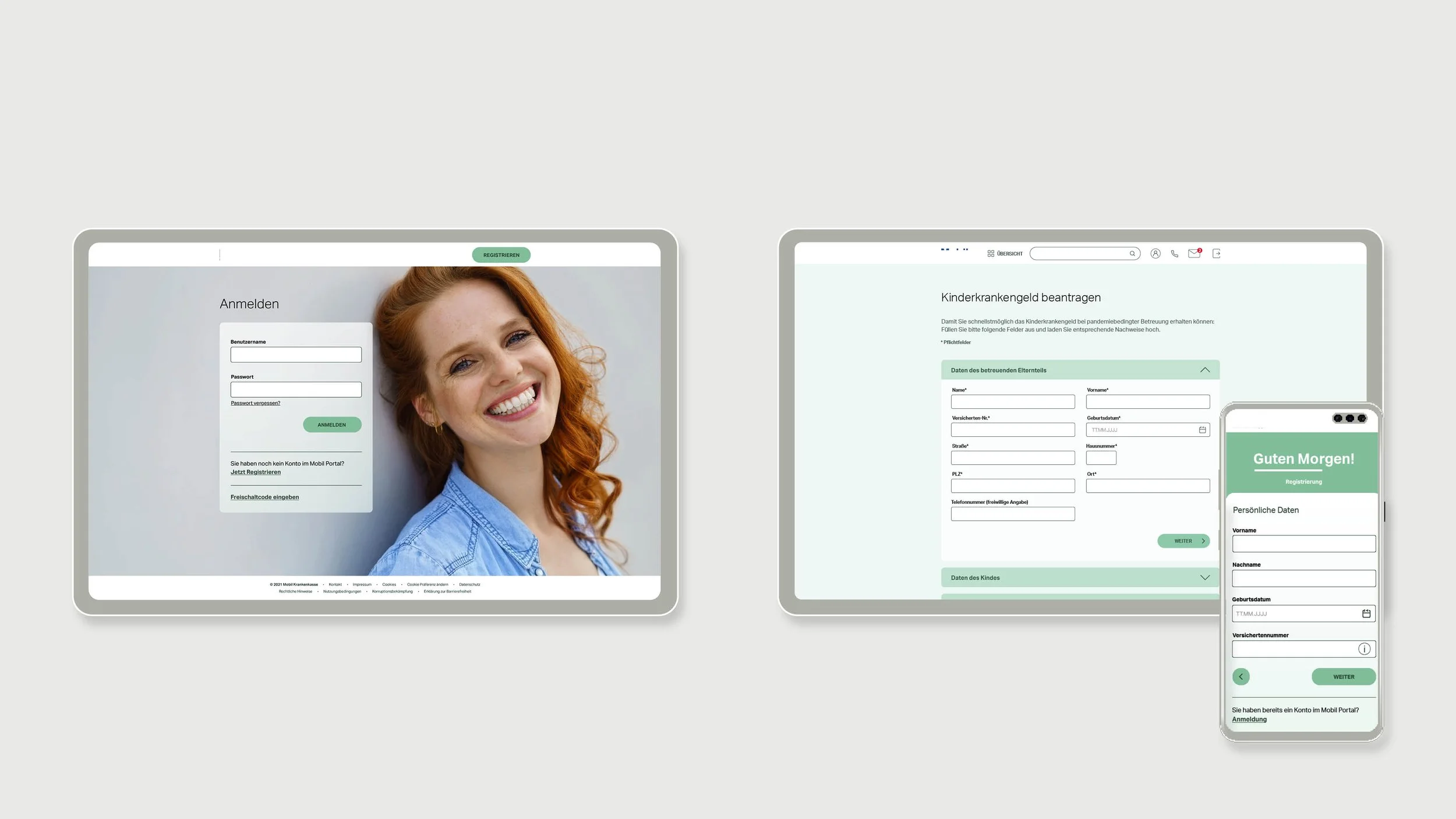 Zwei Tablets und ein Smartphone zeigen Anmeldebildschirm und Antragsformular eines Kundenportals
