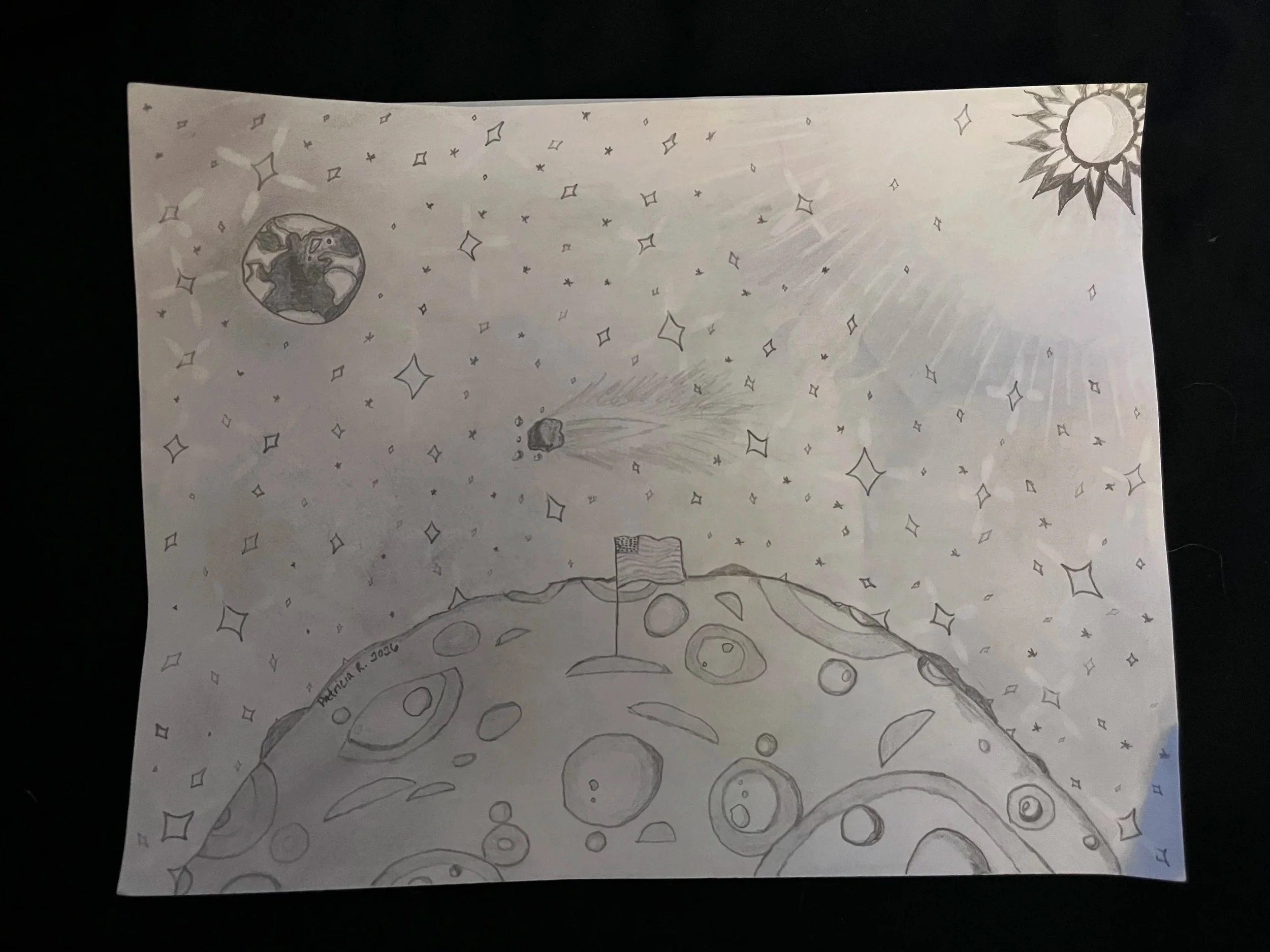 06/09/2026 An 8.5x11" pencil & eraser drawing of the American Moon Landing