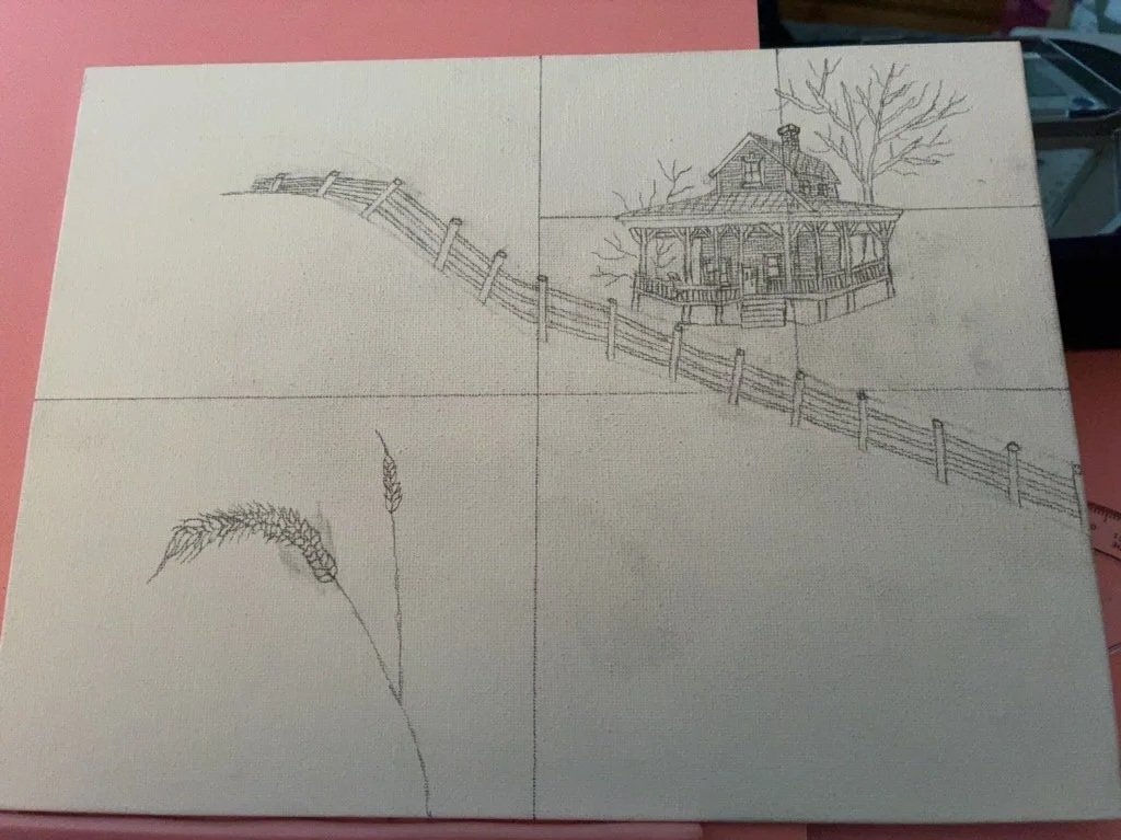 WIP #4 of a Country Farmhouse & a Wheat Field on a 9x12" canvas