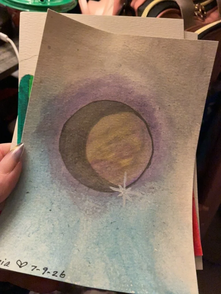 07/12/2026, a small 5x7" Watercolor painting of "Midnight Simmering Mist" for a Pen-Pal