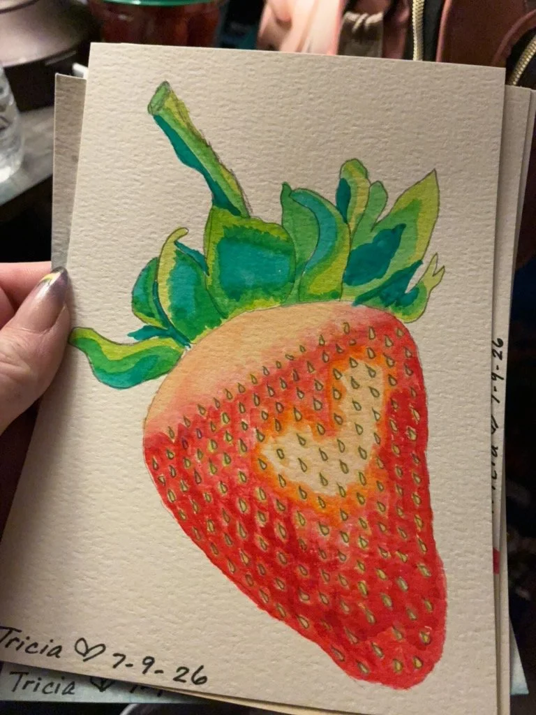 07/12/2026 Watercolor-painted "Juicy Summer Strawberry," a small 5x7" card for a Pen-pal