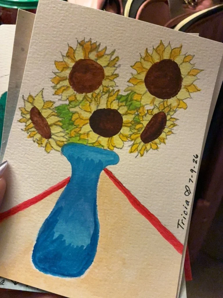 07/12/2026 "Sunny Summer Sunflowers in a Vase," a small 5x7" watercolor-painted card for a Pen-pal