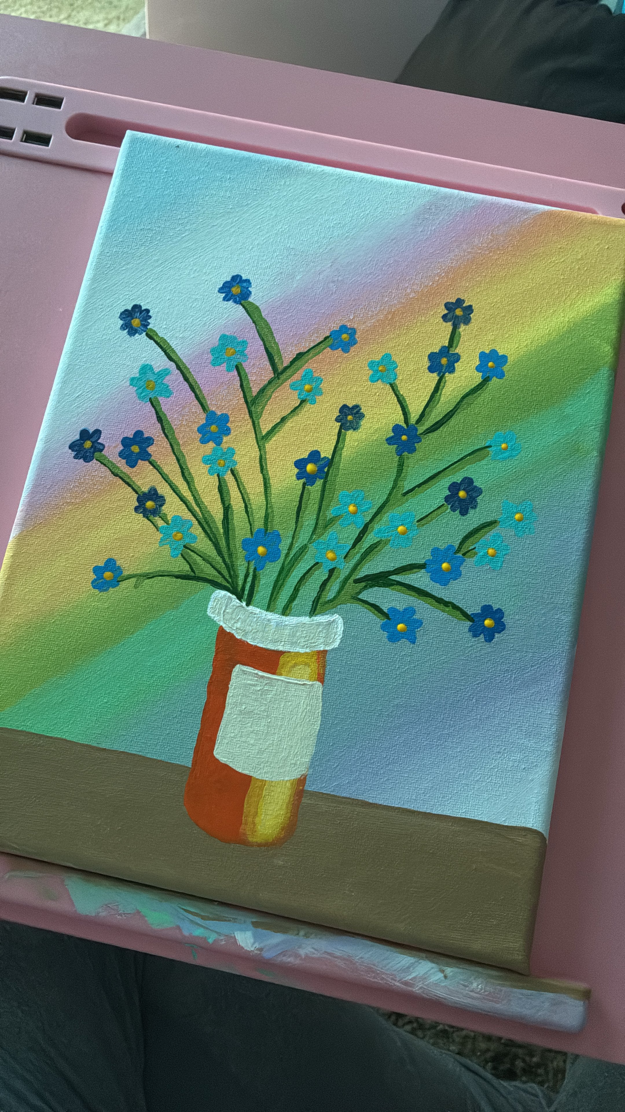 07/15/2026 WIP #5 "Forget-Me-Not flowers in a psychotropic medicine bottle"