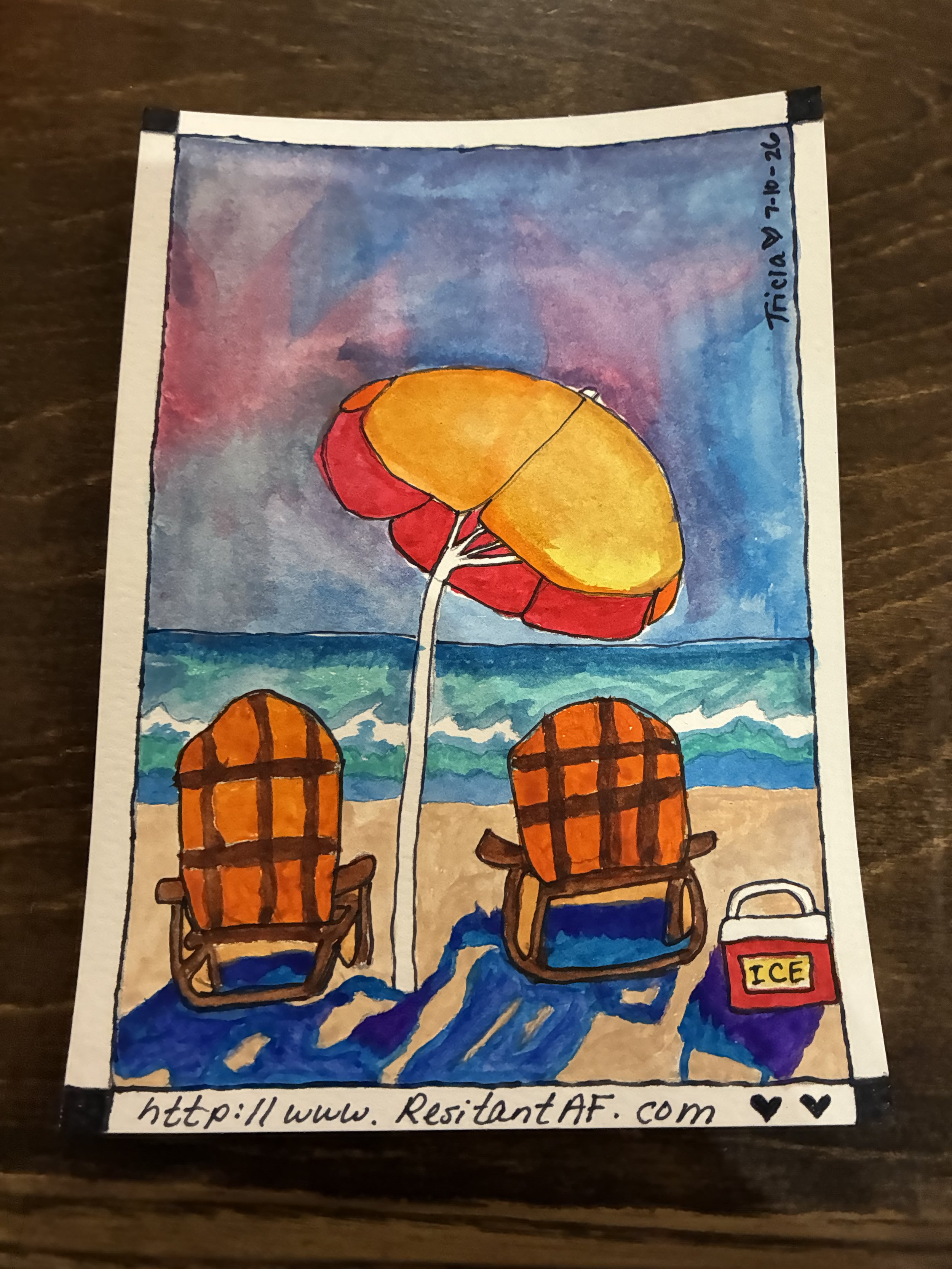 07/11/2026 Watercolor and line art of "A Day at the Beach" 5x7" card for my friend, Darren