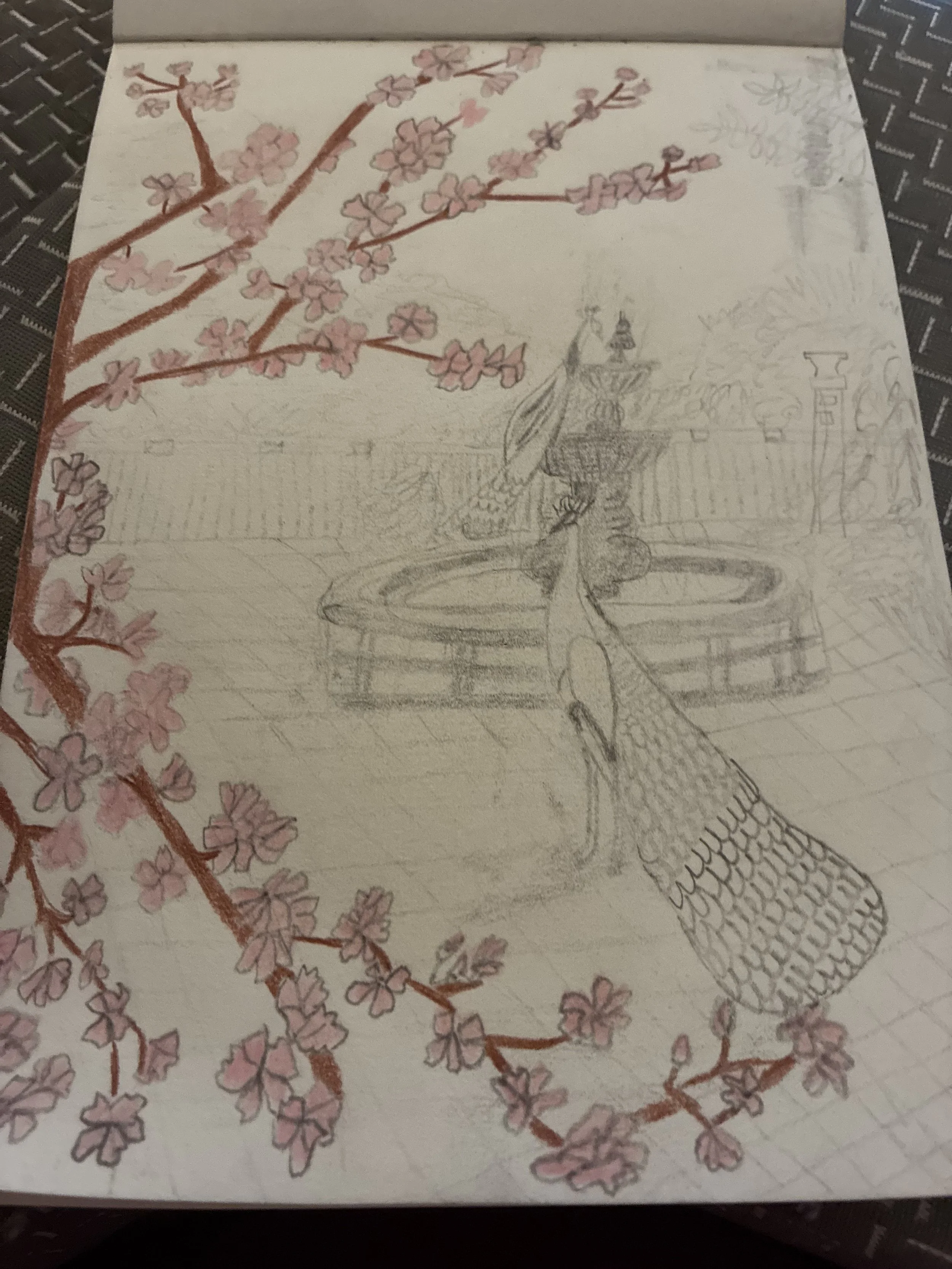 WIP #1 "Peacocks & Cherry Blossoms" a hand-sketched 5x7 fast-draw
