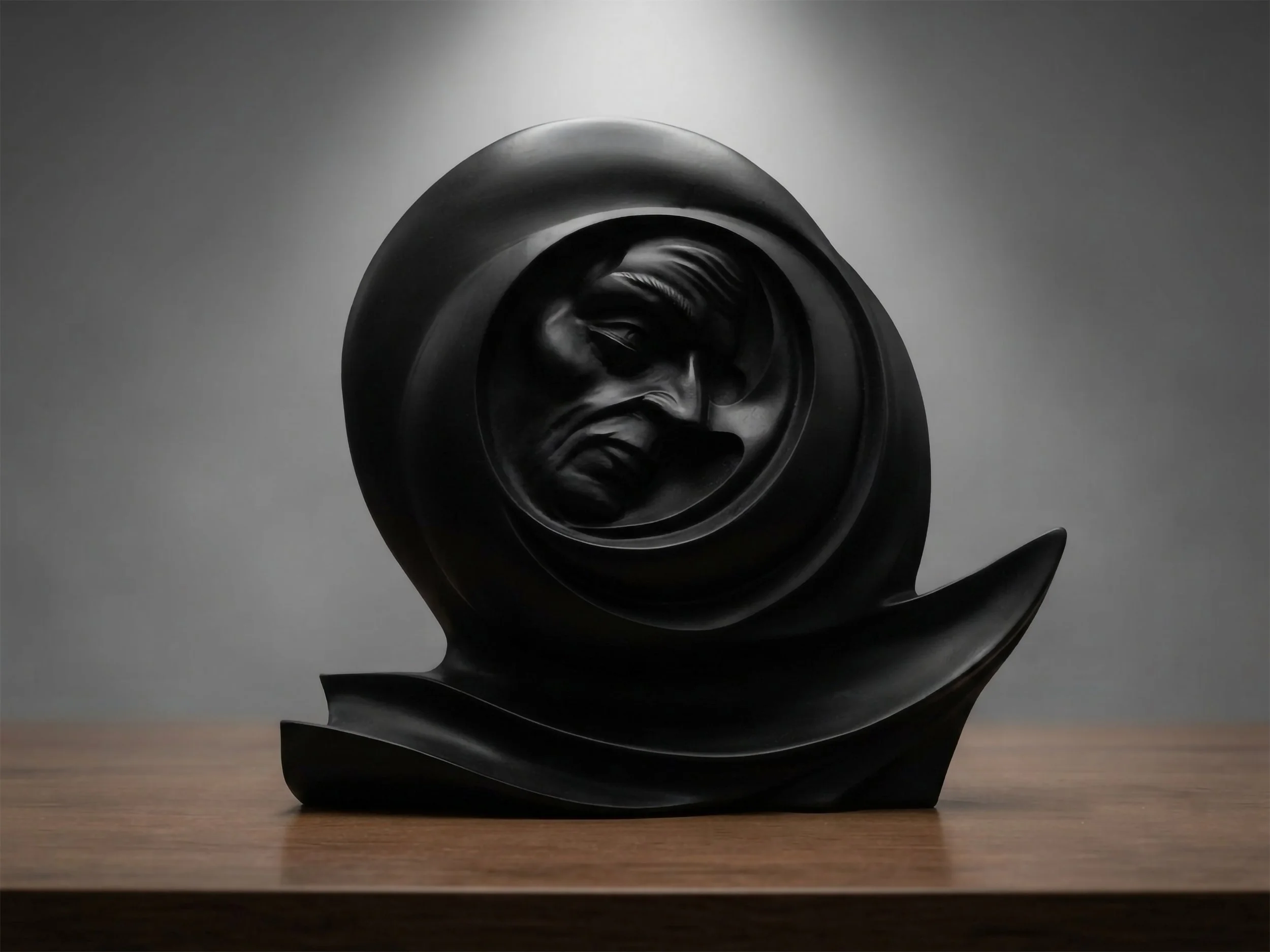 Descubre la maestría en la talla manual de Raúl Abad con la escultura 'Noche y Día'. Una pieza de mármol negro Marquina que combina en una misma obra la fuerza de un rostro masculino y la delicadeza de una maternidad