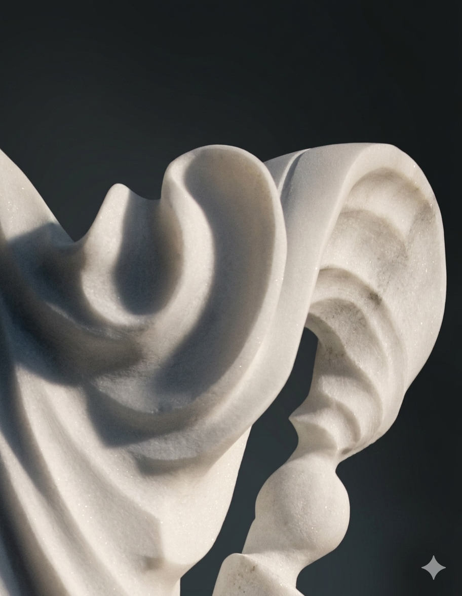 Detalle de la talla a mano en la escultura de mármol blanco 'El Reto', obra de arte contemporáneo realizada por el escultor Raúl Abad.