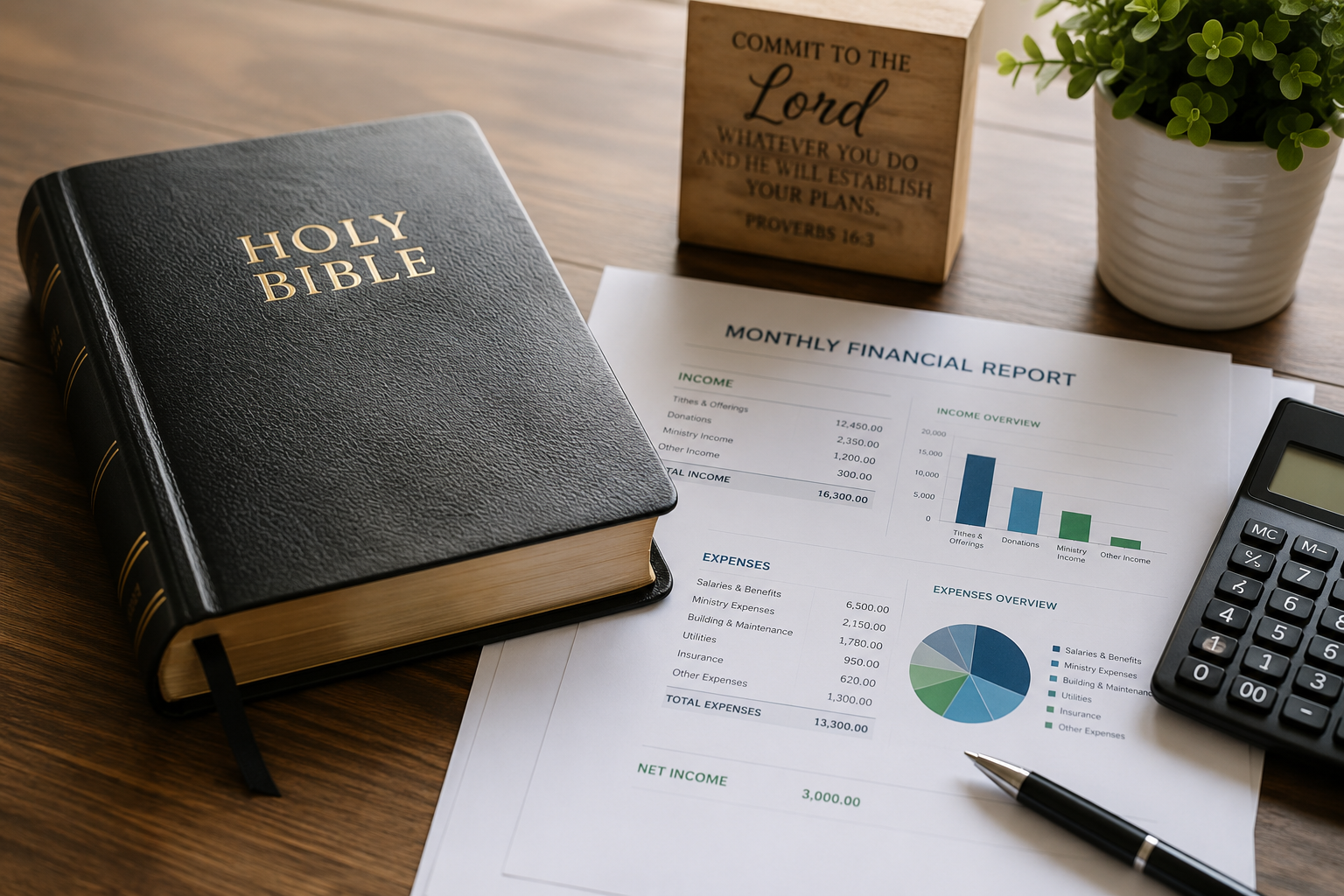 Open Bible, financial report with graphs, Bible verse sign, potted plant, calculator, pen on wooden desk