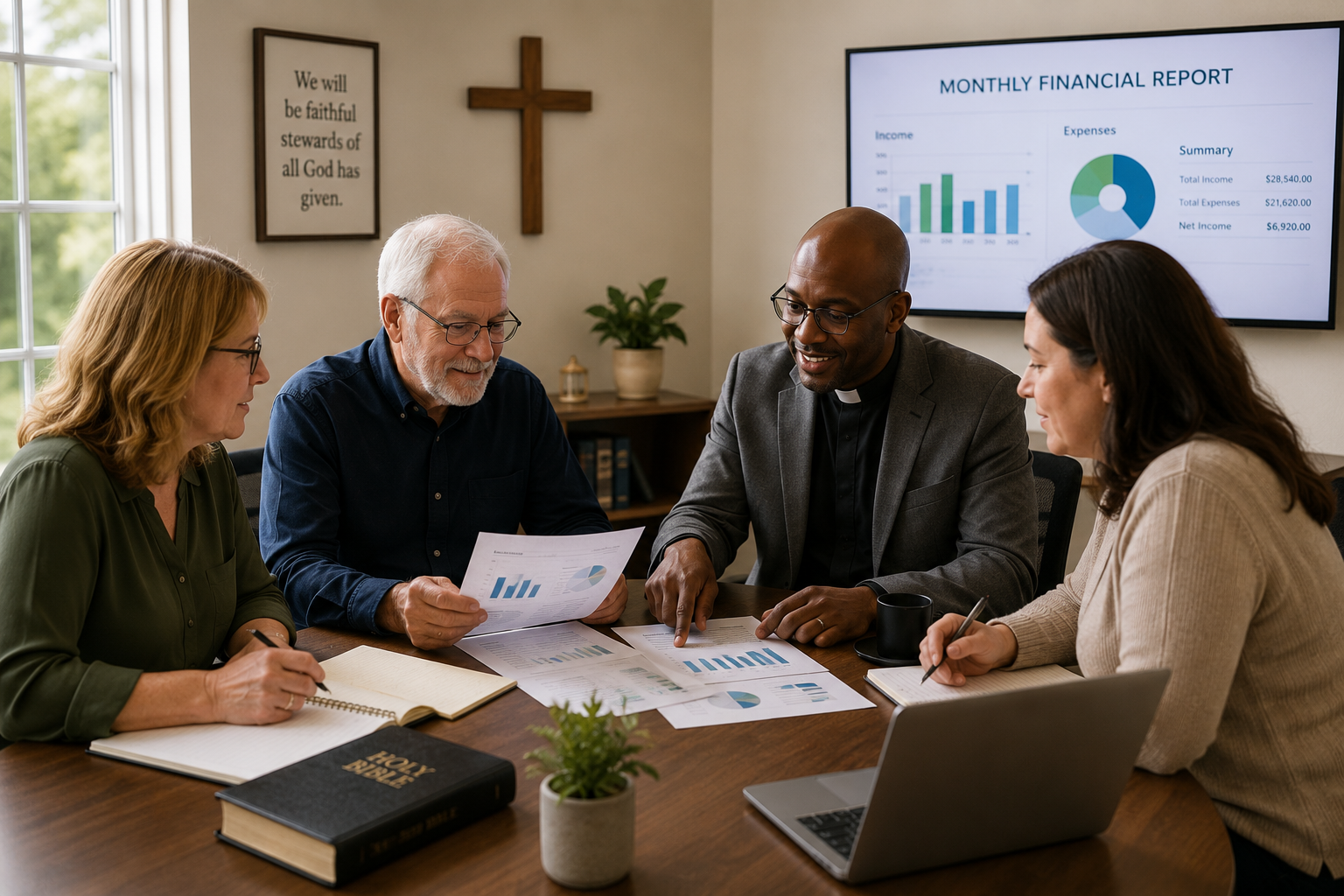 A diverse group of five people in a business meeting, discussing financial reports with documents and charts on the table, and a screen displaying a monthly financial report in the background.