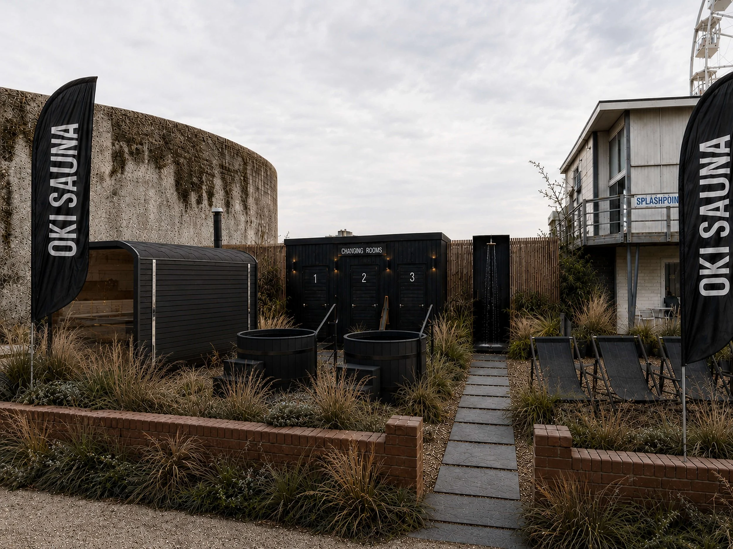 Outdoor area with black banners reading 'OAKI SAUNA,' a modern building labeled 'Changing Rooms,' and a pathway surrounded by plants and decorative brickwork, under a cloudy sky.