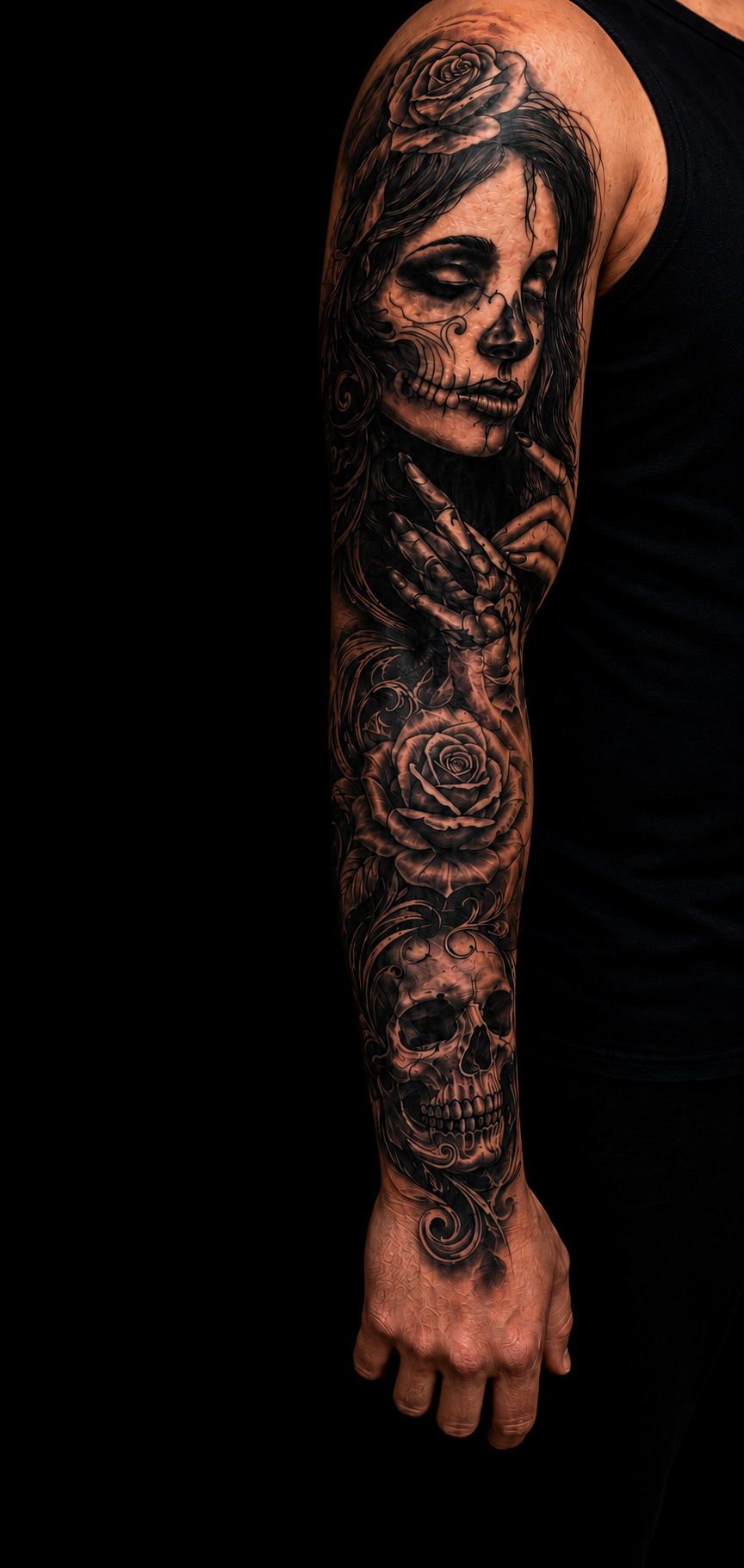 Tattoo sleeve featuring a woman's portrait with floral elements and a skull, all in black and gray ink.
