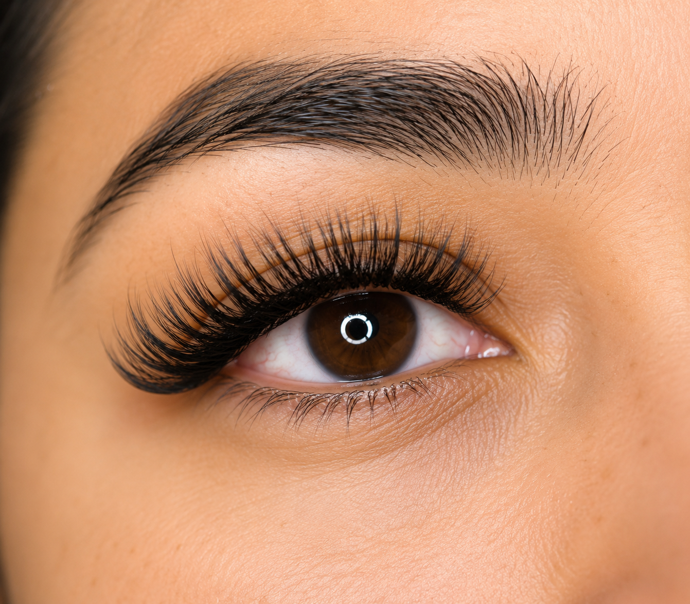 Close-up of a woman's eye with long, thick eyelashes, brown iris, and well-groomed eyebrow.