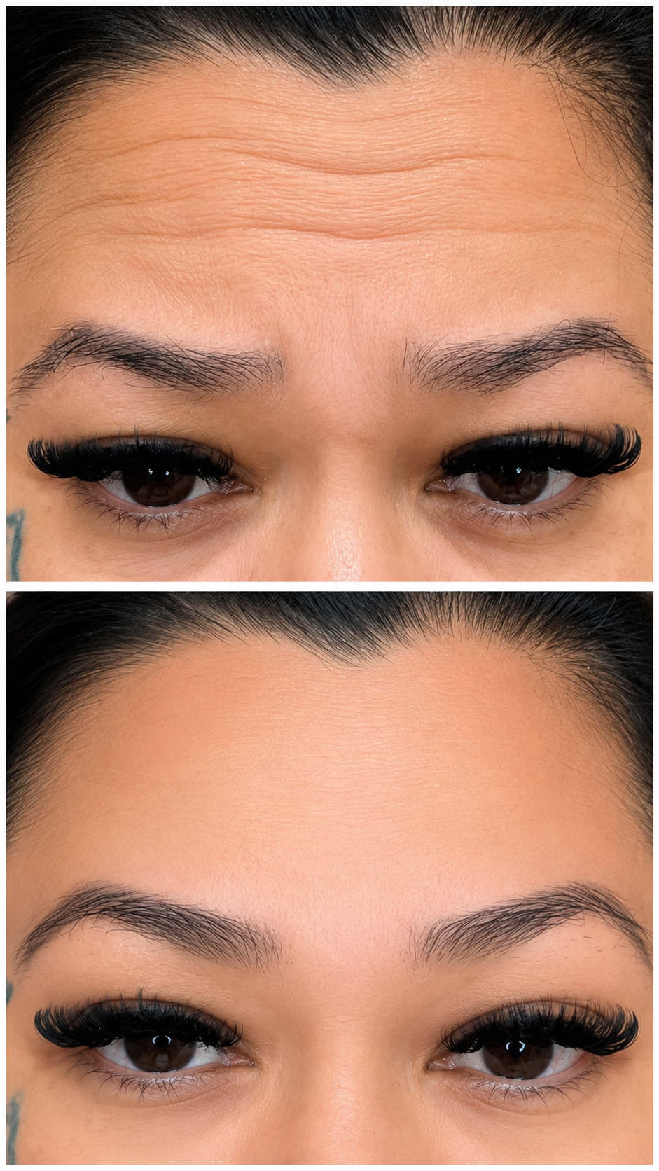 Close-up of a person's face showing the forehead, eyebrows, and eyes in two sections, with the top section focusing on the forehead and eyebrows, and the bottom highlighting the eyes with makeup, particularly false eyelashes.